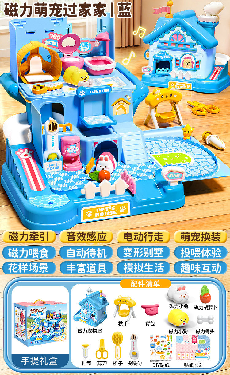 3-6 year old girls' toys, pretend play magnetic pet house, little rabbit & cat dolls, birthday gift for girls