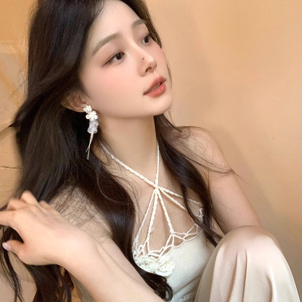 Super sparkling zircon flower beach vacation style tassel long earrings for women, square and round face earrings, 2025 new high-end design