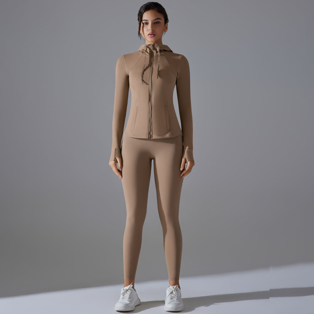 New outdoor running two-piece set: solid color quick-dry yoga outfit with hooded zip-up jacket and long-sleeve fitness set