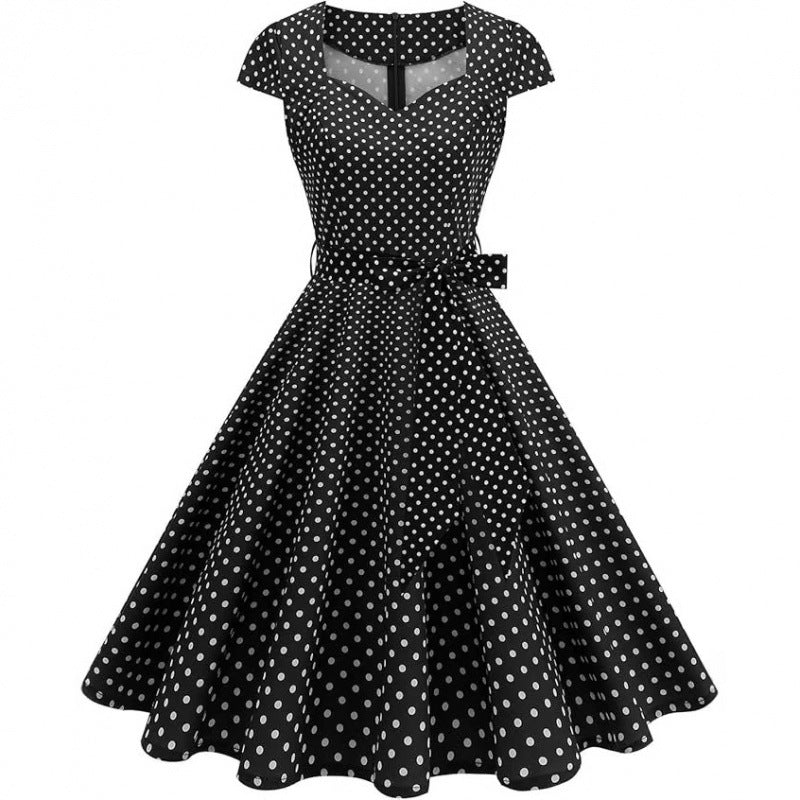 Amazon fashion retro polka dot short sleeve v neckdresssummernew arrivalstrap slimming look skirt