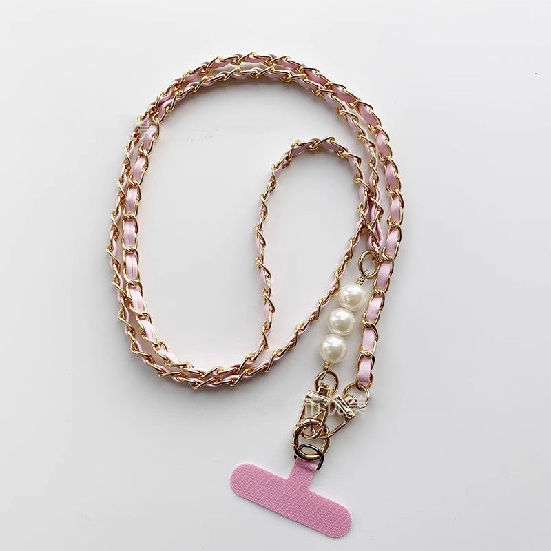 Mobile phone lanyard small fragrant pearl pickup chain long crossbody mobile phone hanging chain metal leather pendant bag chain