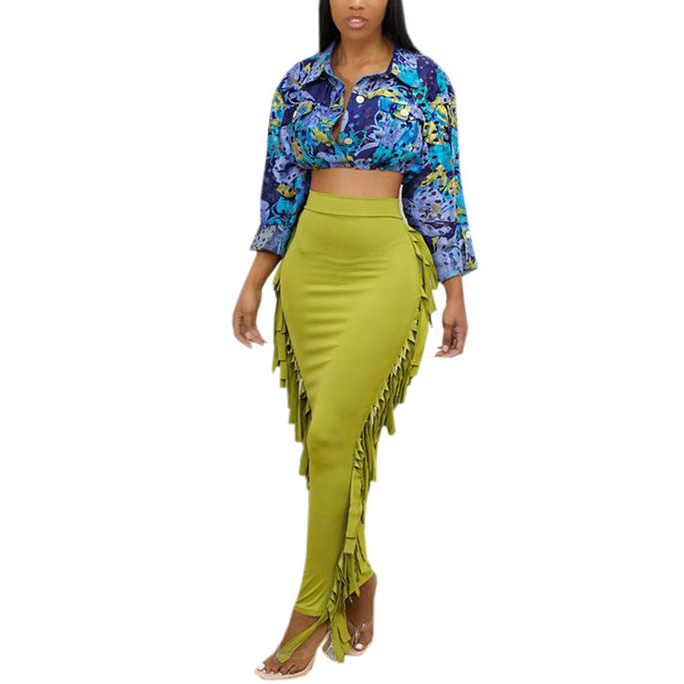 European and american export women's clothing:  casual sexy side-slit irregular tassel solid color butt-lifting midi skirt