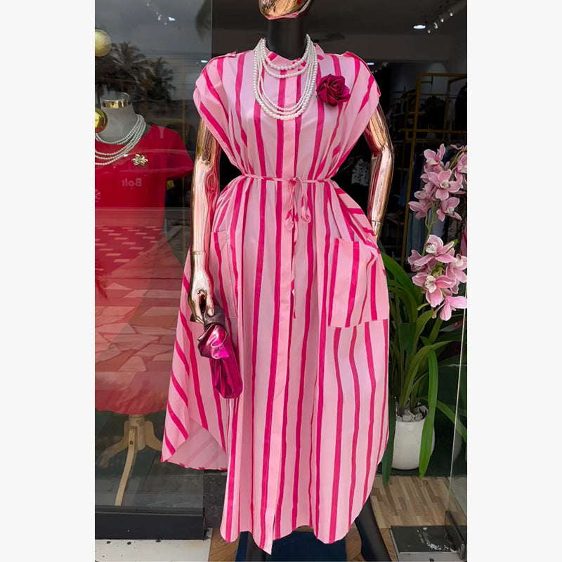 European and american cross-border women's fashion:  spring new arrival - stylish and elegant striped tie-waist pocket short-sleeve midi dress