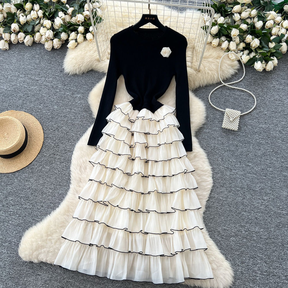 French chic floral round neck long sleeve knit patchwork tiered cake dress - elegant and figure-flattering