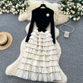French chic floral round neck long sleeve knit patchwork tiered cake dress - elegant and figure-flattering