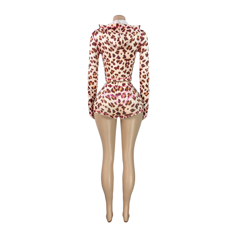 women's printed hooded long sleeve shorts set with thumbhole and micro flare leggings - summer two-piece outfit