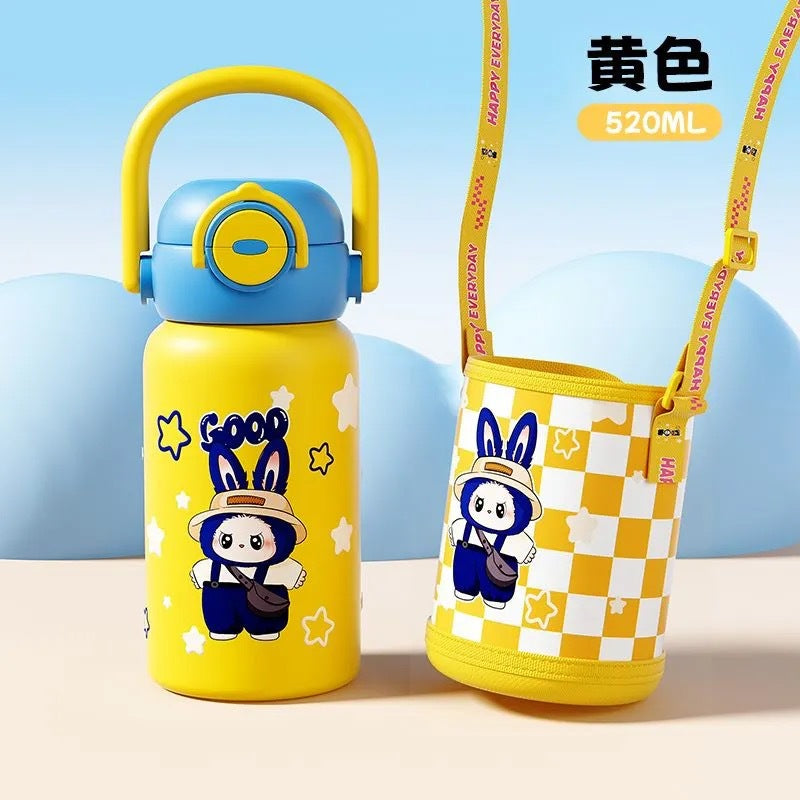 Creative cartoon double-drink kids' thermos: stylish, high-capacity student straw water bottle - stainless steel cup