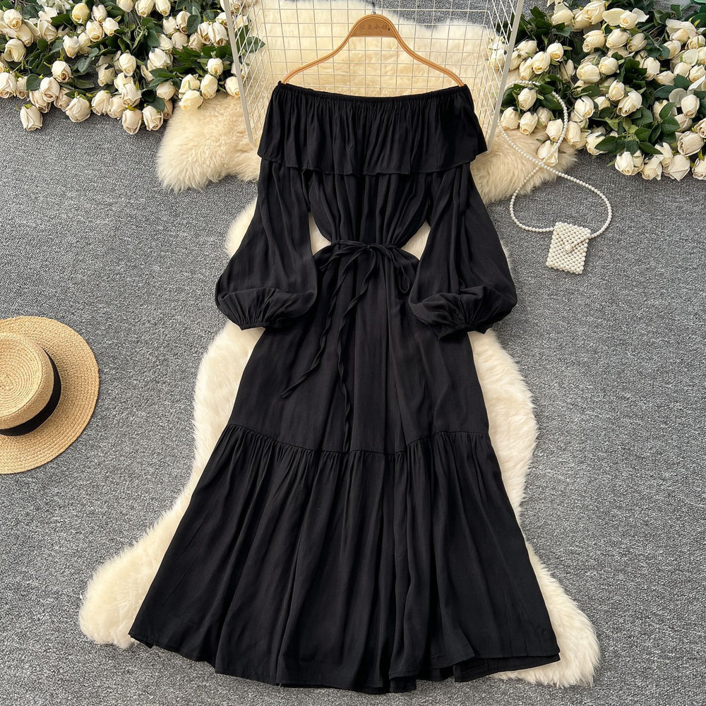 French chic one-shoulder ruffle trim lantern sleeve bodycon midi dress