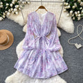 French riviera style pink floral v-neck dress - women's summer korean style long sleeve a-line dress with slimming waist design