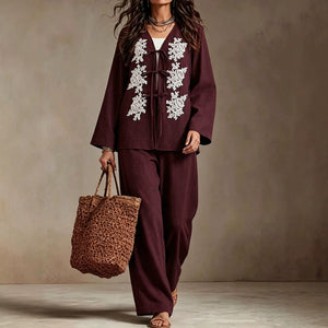 Vacation style plus sizewhiteembroideredsuitretrofloralsembroiderloosecardiganloose pants pants plus sizemm women's clothing 16