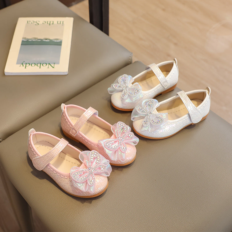 Girls' princess shoes, kids' leather shoes,  spring collection, girls' pearl crystal shoes, soft sole little girl's single shoes, flat shoes