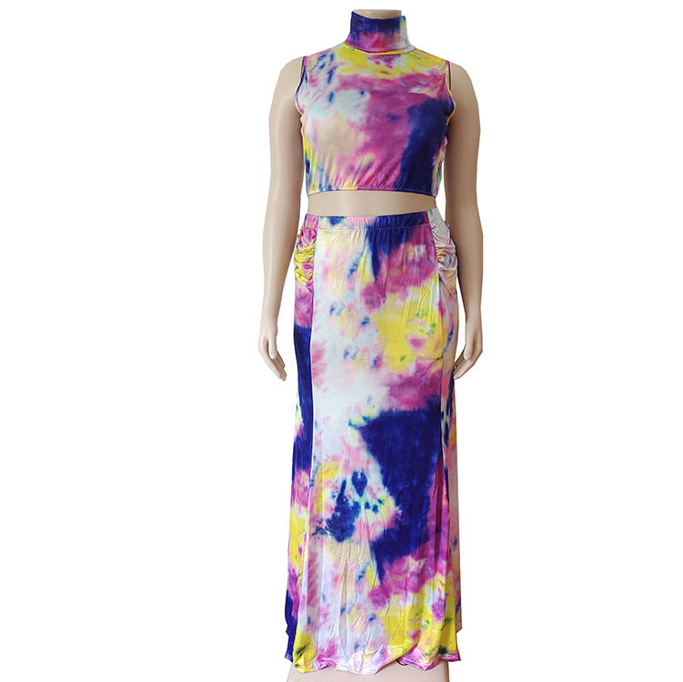 Plus size women's summer outfit: european & american style casual color block tank top + midi skirt two-piece set - perfect for  &