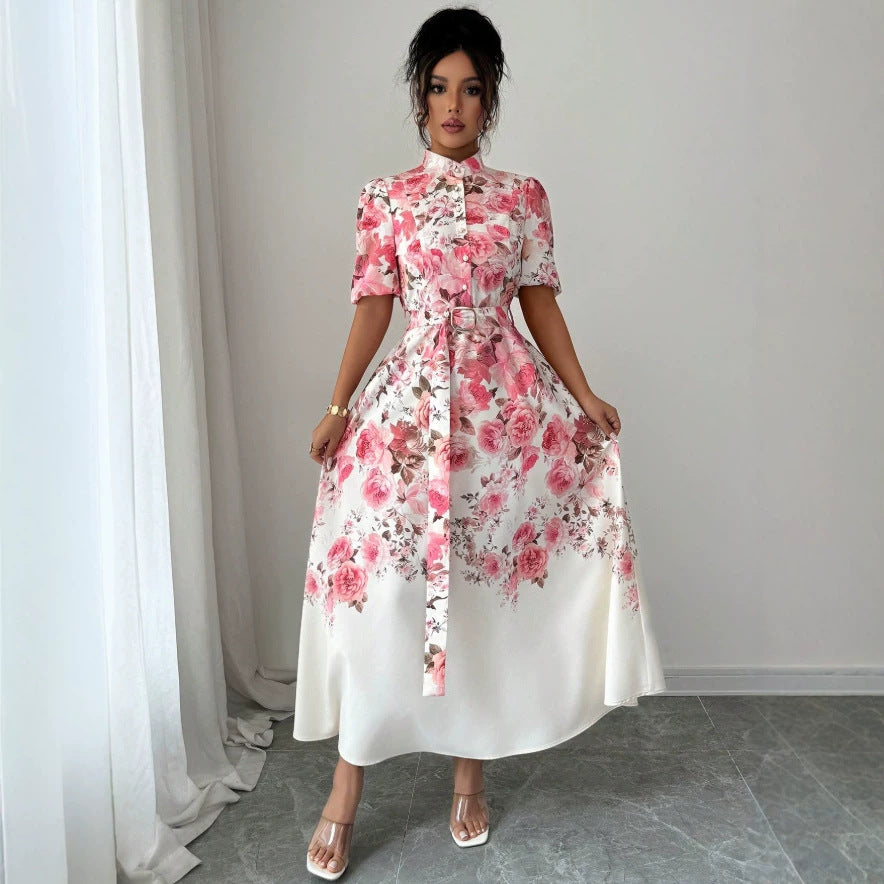 European and american niche fashion retro suit collar sleeveless cinched waist printed dress - women's slimming a-line elegant maxi dress