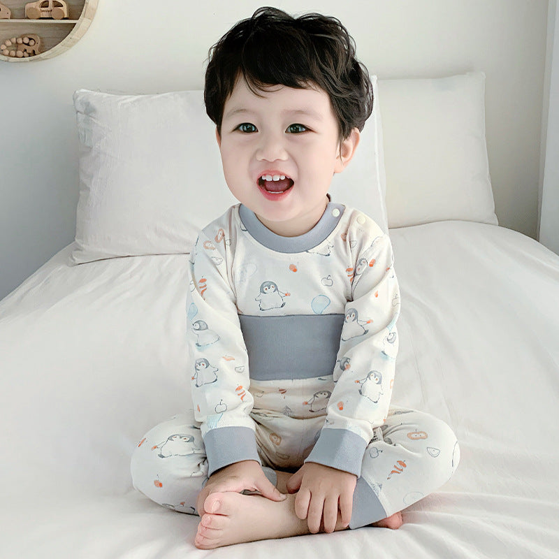 Baby pure cotton boneless high waist belly protection fall and winter autumn clothes suit baby heattechseparatessuit baby suit