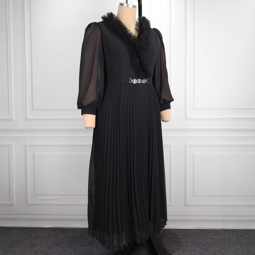 African plus size black dress - raw hem design, v-neck, sheer chiffon sleeves, belted pleated skirt