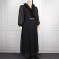 African plus size black dress - raw hem design, v-neck, sheer chiffon sleeves, belted pleated skirt
