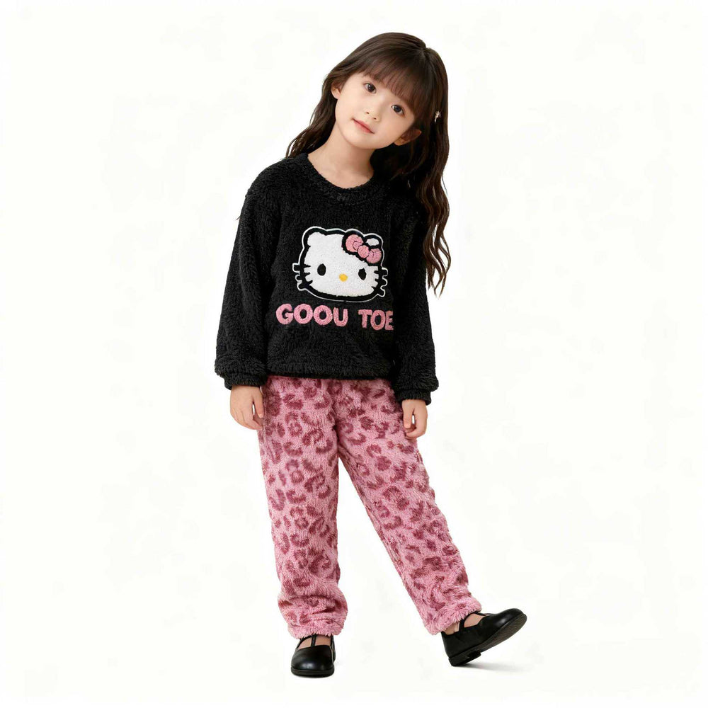 【matching family set】autumn/winter girls' leopard print half-fleece pajamas - new styles for older girls, wholesale winter home wear