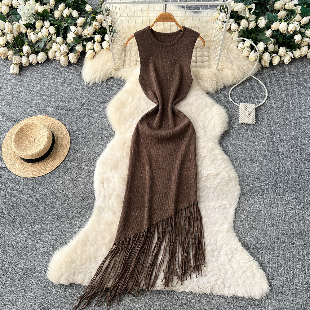 Korean style commute-friendly sleeveless knit dress - women's summer round neck high waist tassel maxi dress - slimming a-line skirt