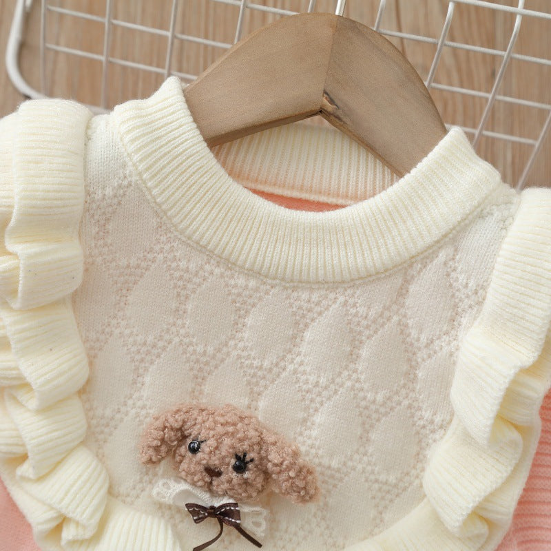 Spring new arrival: sweet cartoon knitted vest dress for little girls