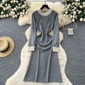 Elegant and high-end beaded round neck long sleeve knitted midi dress - women's autumn slim-fit inner layer sweater dress