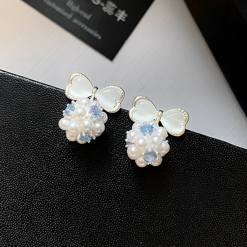 Silver needle cat's eye bow s-style pearl earrings - unique, beautiful, exquisite 5a zircon studs - high-end earrings