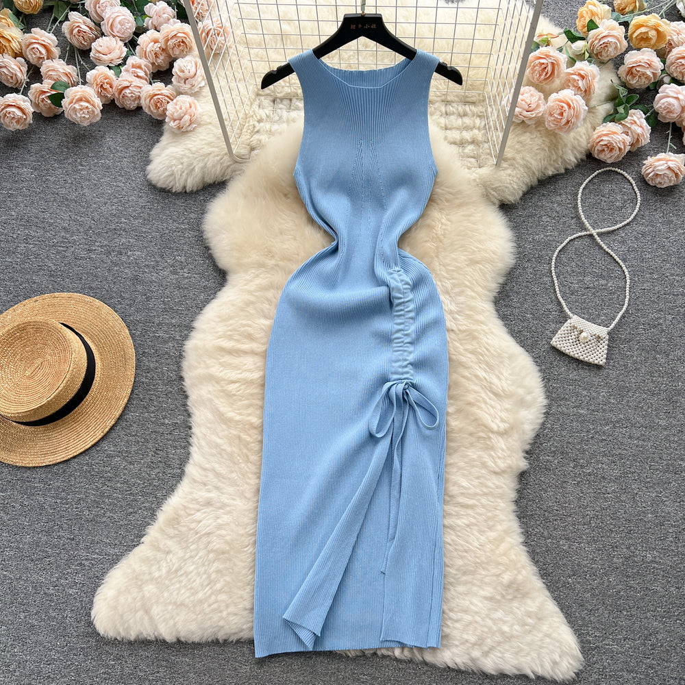 Sleeveless round neck knitting vest dress women's summernew arrival silmslimming lookelegant drawstring slit hip-hugging dress trendy
