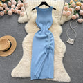 Sleeveless round neck knitting vest dress women's summernew arrival silmslimming lookelegant drawstring slit hip-hugging dress trendy