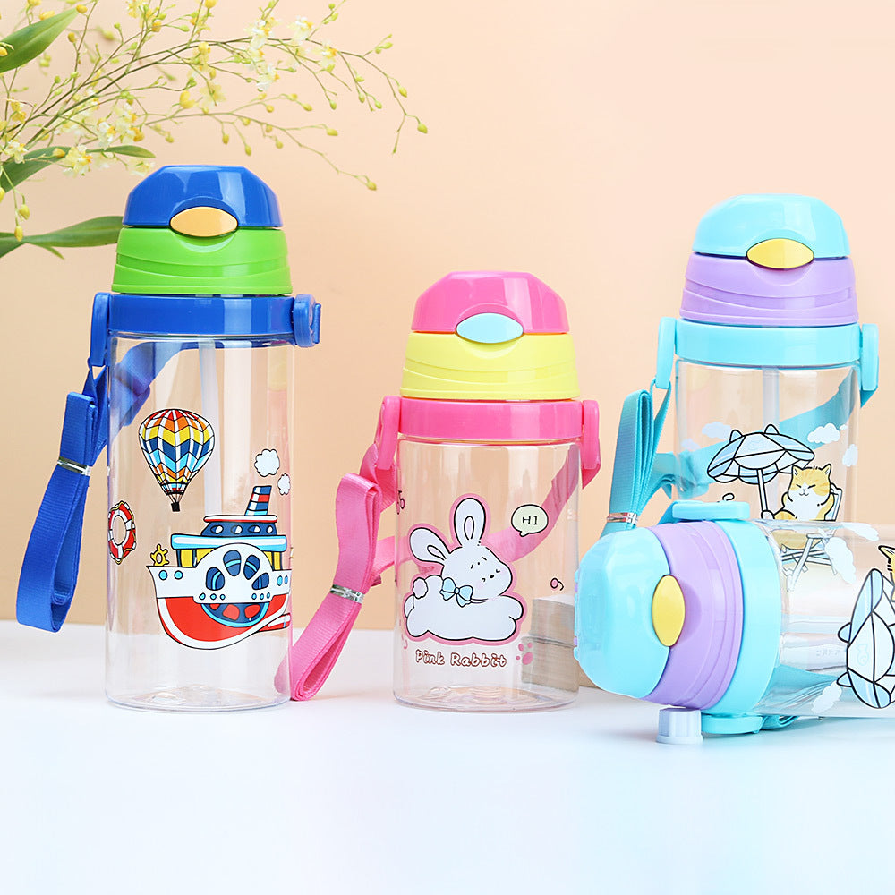 Factory customized cute cartoon kids straw cup cross-border plastic water bottle portable outdoor water bottle kindergarten cup