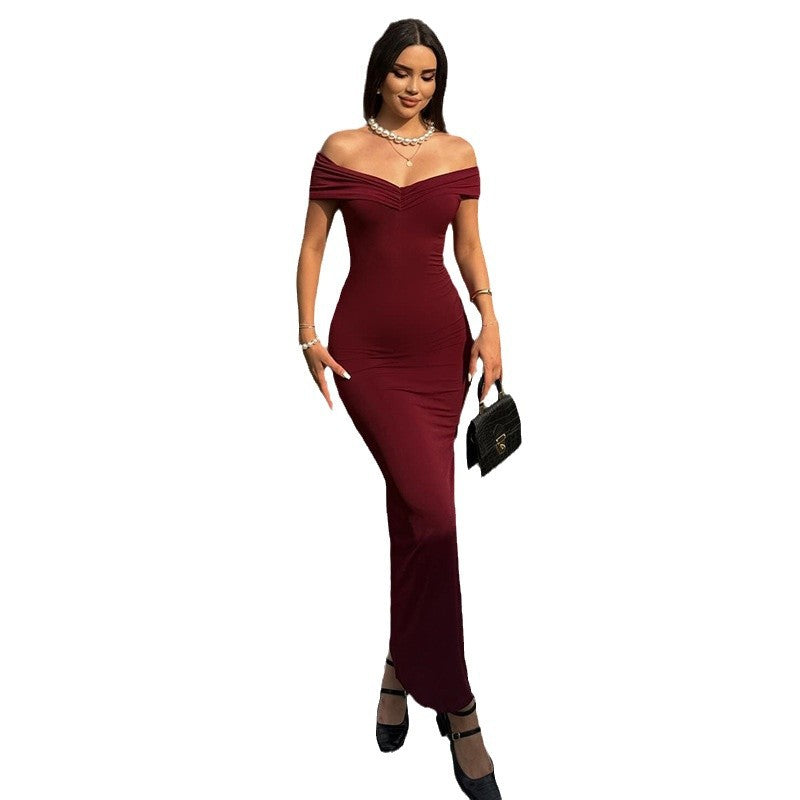European and american style women's foreign trade new autumn solid color sexy fashion off-the-shoulder backless one-shoulder bandeau dress