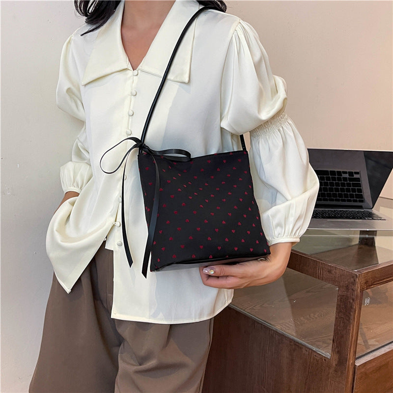 Canvas polka dot bag women's autumn 2025 new fashion commuter bow shoulder bag tote bucket women's bag