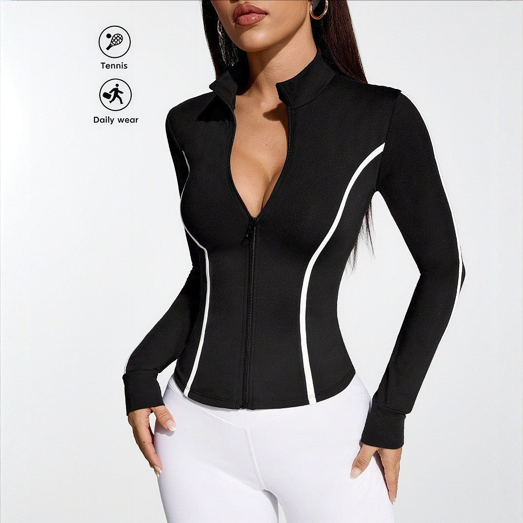 Pre-sale European and American  women's color contrast explosion stand-up collar slim and thin sports jacket comfortable breathable top jacket