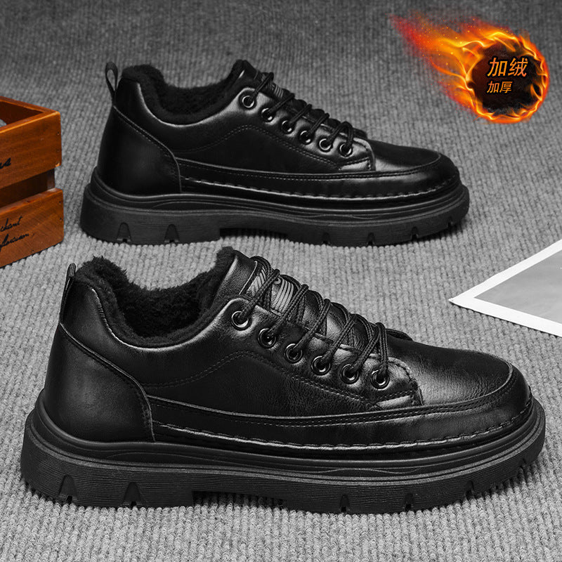 Men's winter new arrivals: versatile casual leather shoes with fleece lining for warmth. trendy british style business anti-slip work shoes