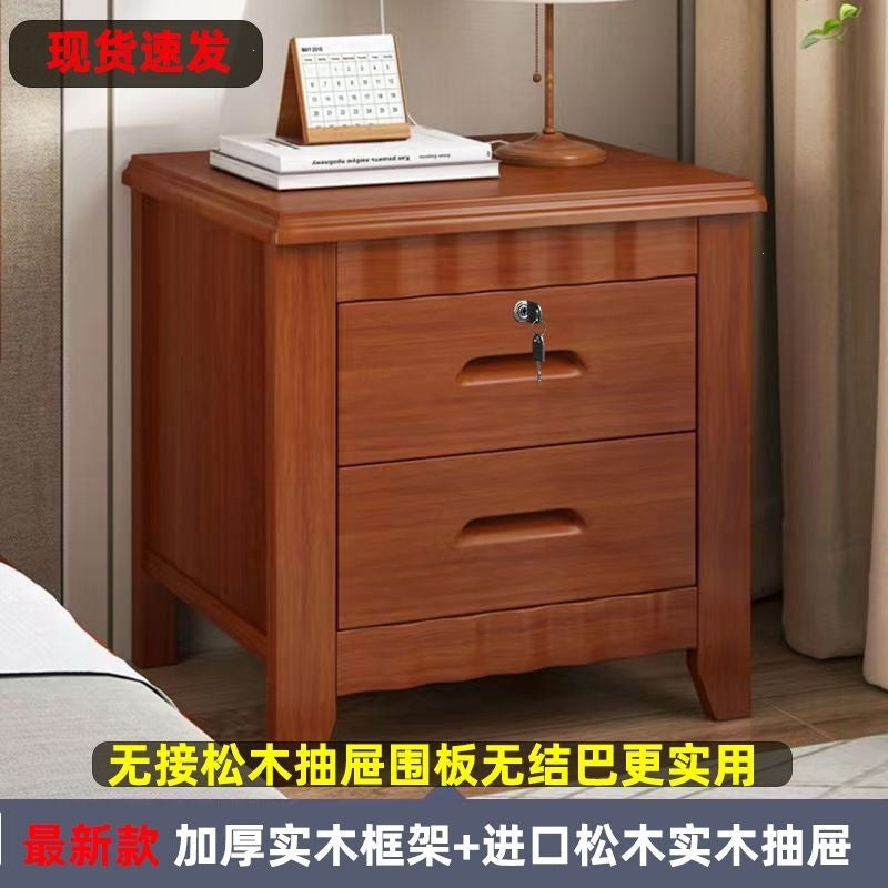 Solid wood bedside table for home bedroom, lockable storage cabinet, small rental room bedside storage chest, no assembly required