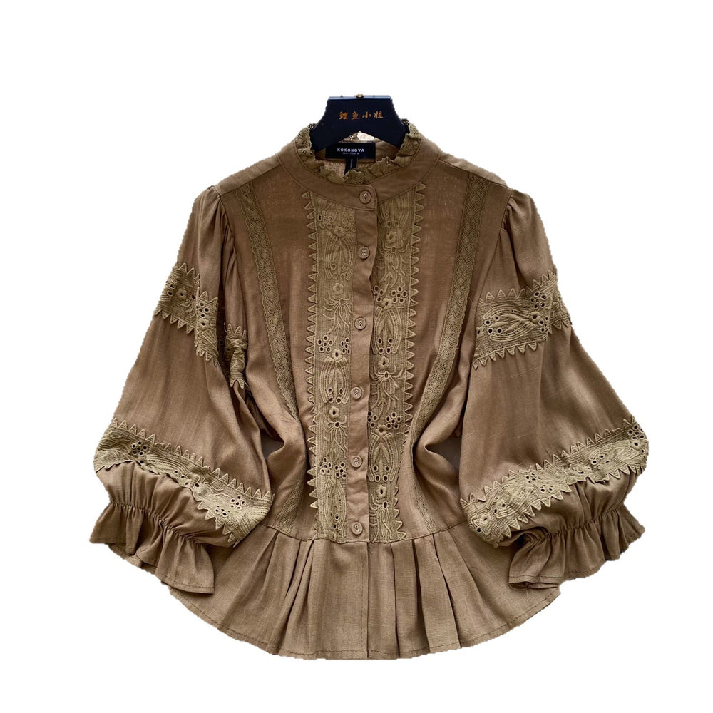 Retro palace style stand collar lace lace shirt women's spring style k-style lantern sleeve cardigan style waist tops