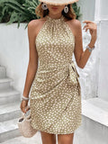 European and american  cross-border women's summer new arrival halter neck tie sleeveless polka dot floral pleated mini dress