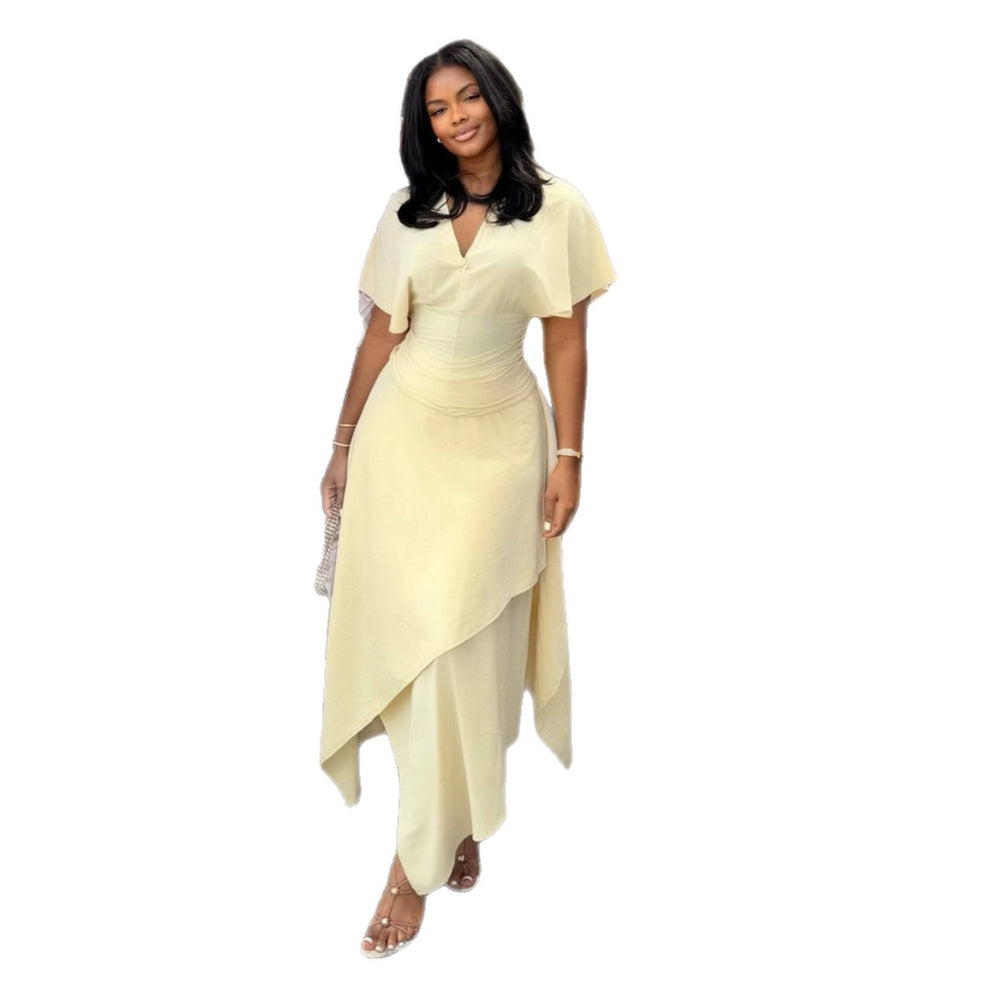 European and american women's clothing  autumn new collection: sweet and fresh v-neck batwing sleeve short-sleeve high-waisted slimming maxi dress