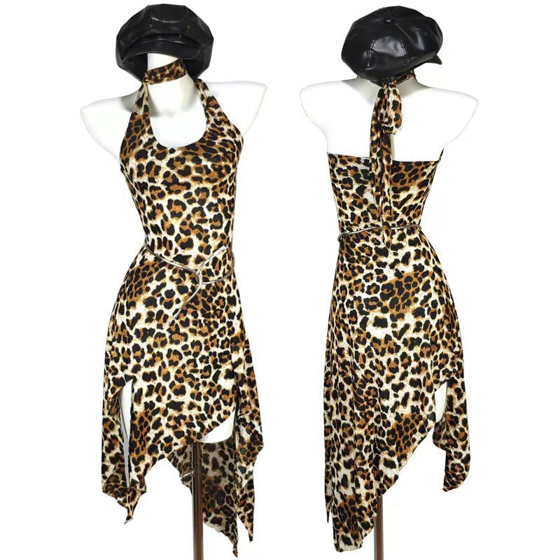 European and american cross-border sexy women's clothing:  summer new halter neck backless leopard print asymmetrical dress