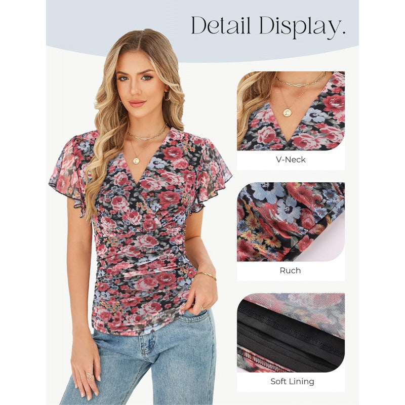 Amazon fashion ruffles sleeve formal casualshirt women's  summer new printing v necktops