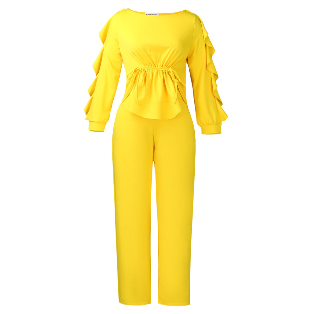 D3345  cross-border e-commerce  women's new fashion drawstring slim-fit top and casual pants two-piece set