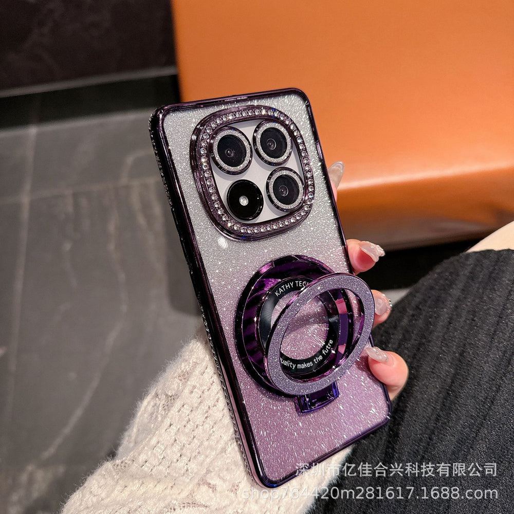 Suitable for redmi note15pro rhinestone electroplating makeup mirror mobile phone case xiaomi 14t all-inclusive glitter magnetic holder