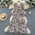 French retro v-neck long sleeve floral chiffon dress - women's  autumn collection - cinched waist, elegant ruffle hem maxi dress