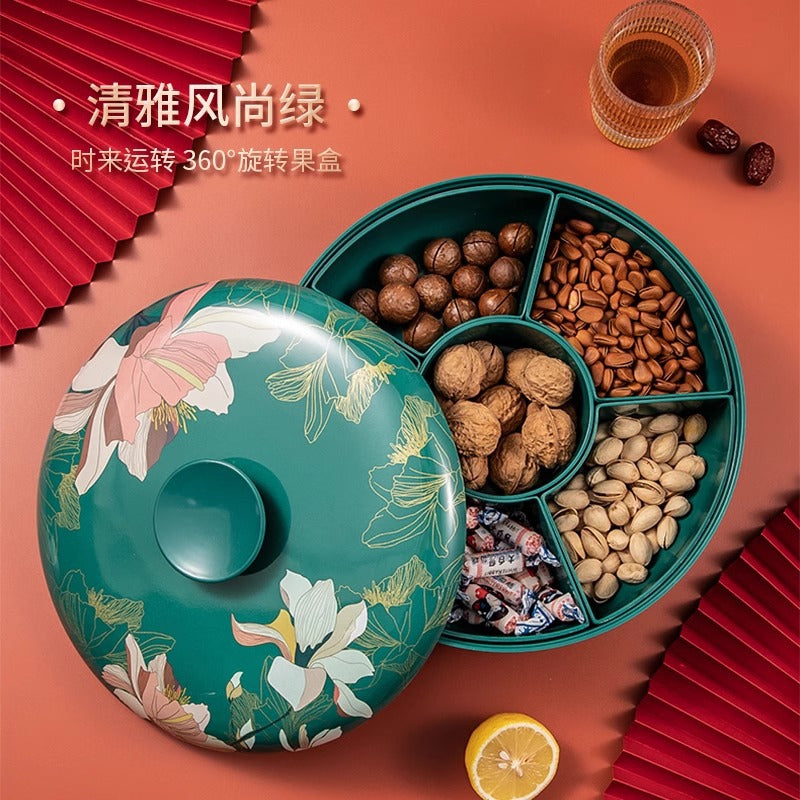 Chinese-style red rotating dried fruit box, household high-end housewarming, Chinese New Year grid fruit plate, living room snacks, melon seeds display plate