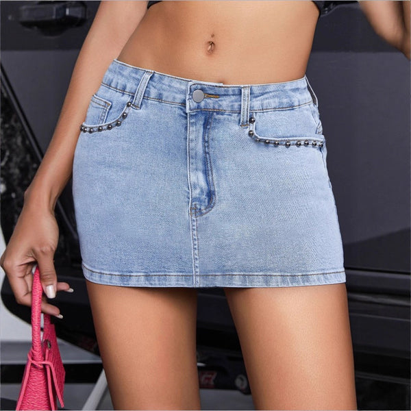 TC70074 #New Cross-border European and American Personalized Retro Spice Girl Nailed Diamond Denim Women's Denim Short Skirt Slim Skirt