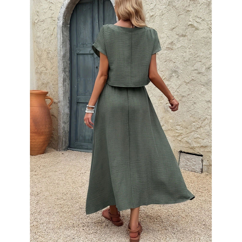 fashion  2-piece set of women's pure color short-sleeved tops and casual a-line skirt suit