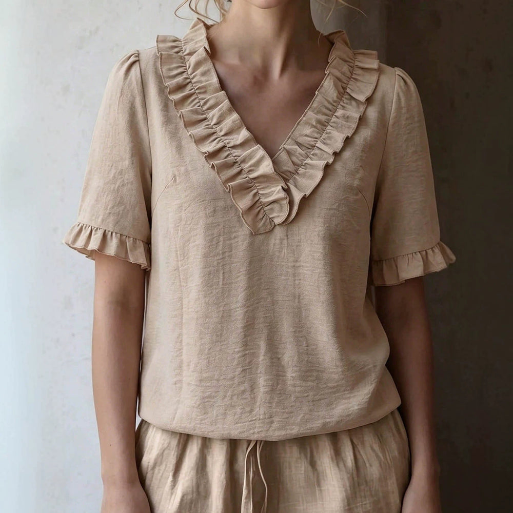 Plus size bohemian style blouse - textured linen fabric, double-layered ruffle v-neck, lace-trimmed short sleeves, relaxed fit