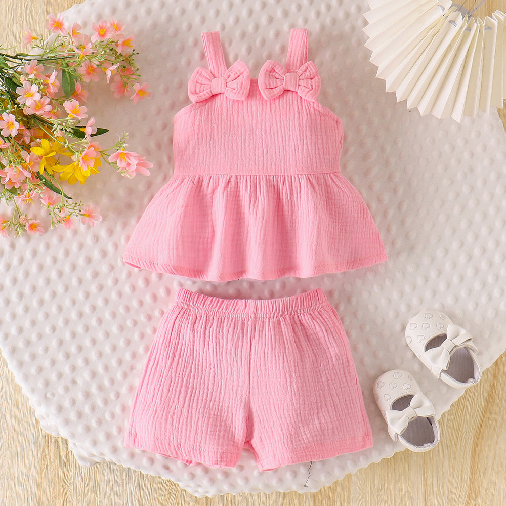 fashionsummernew arrivalbows suspender tops shorts cutesweet baby children's clothing suittwo-piece set