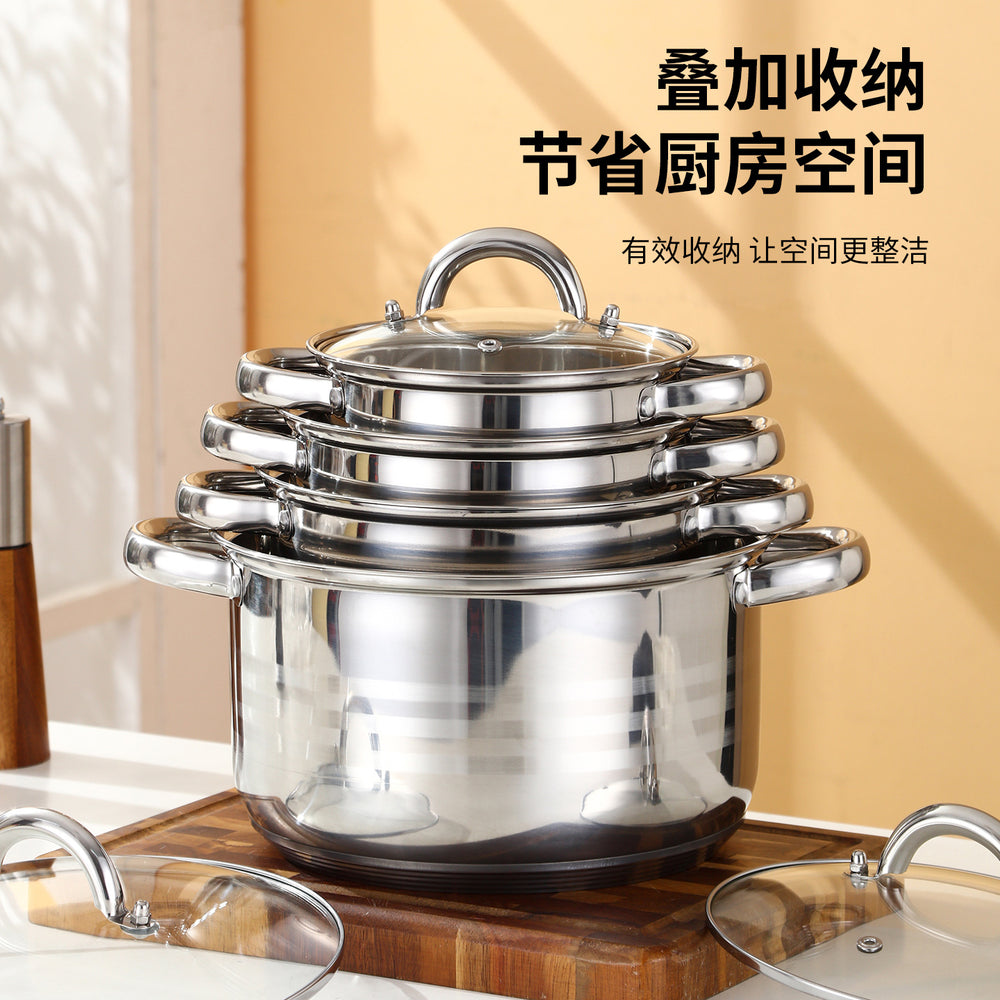 Wholesale cross-border double bottom stainless steel soup pot milk pot frying pan uncoated pot set kitchen cooking cookware set