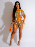 Amazon hot selling european and american women's clothing sexy women's cut out see-through contrast color lapel knitting shorts suit