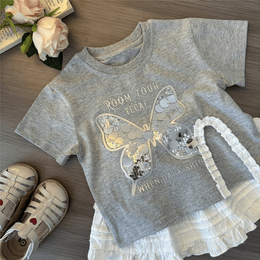 Girls' sequin tee summer outfit  new trendy kids' popular short-sleeve summer girl's chic t-shirt dress