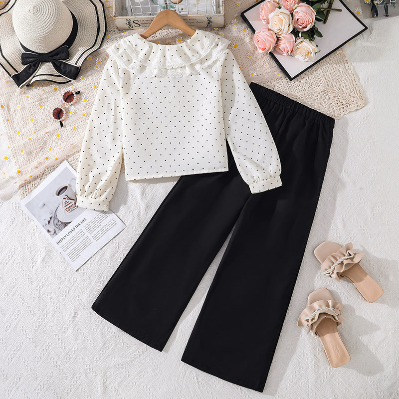 spring new arrival: cross-border girls' and big girls' outfit set - stylish v-neck polka dot lace trim long sleeve casual pants